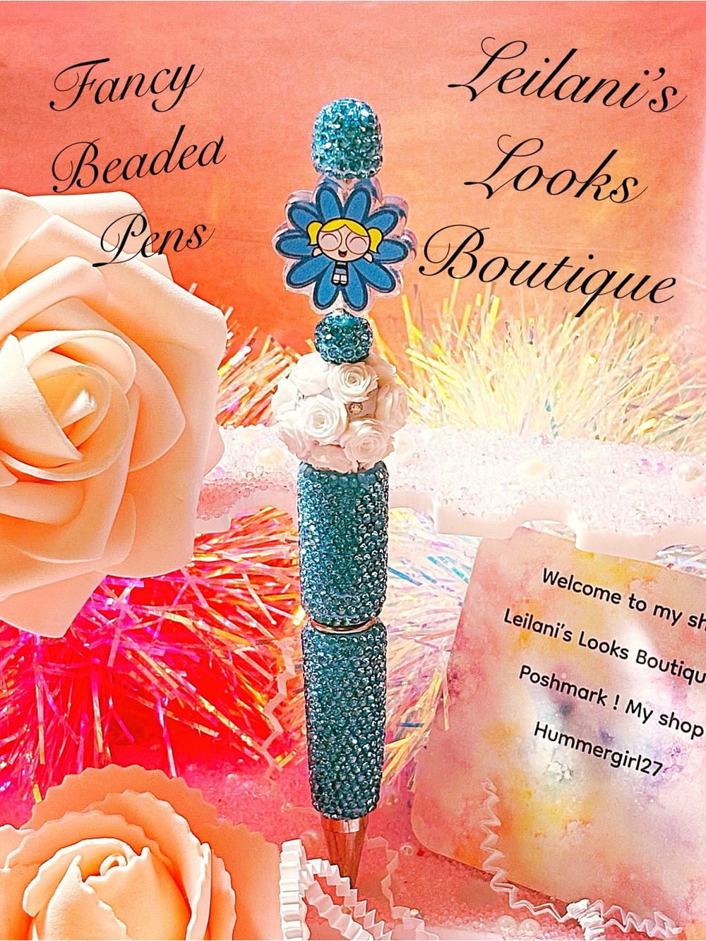 Teal Crystal Beaded Flower Top Pen/bubbles/flower beads/girly